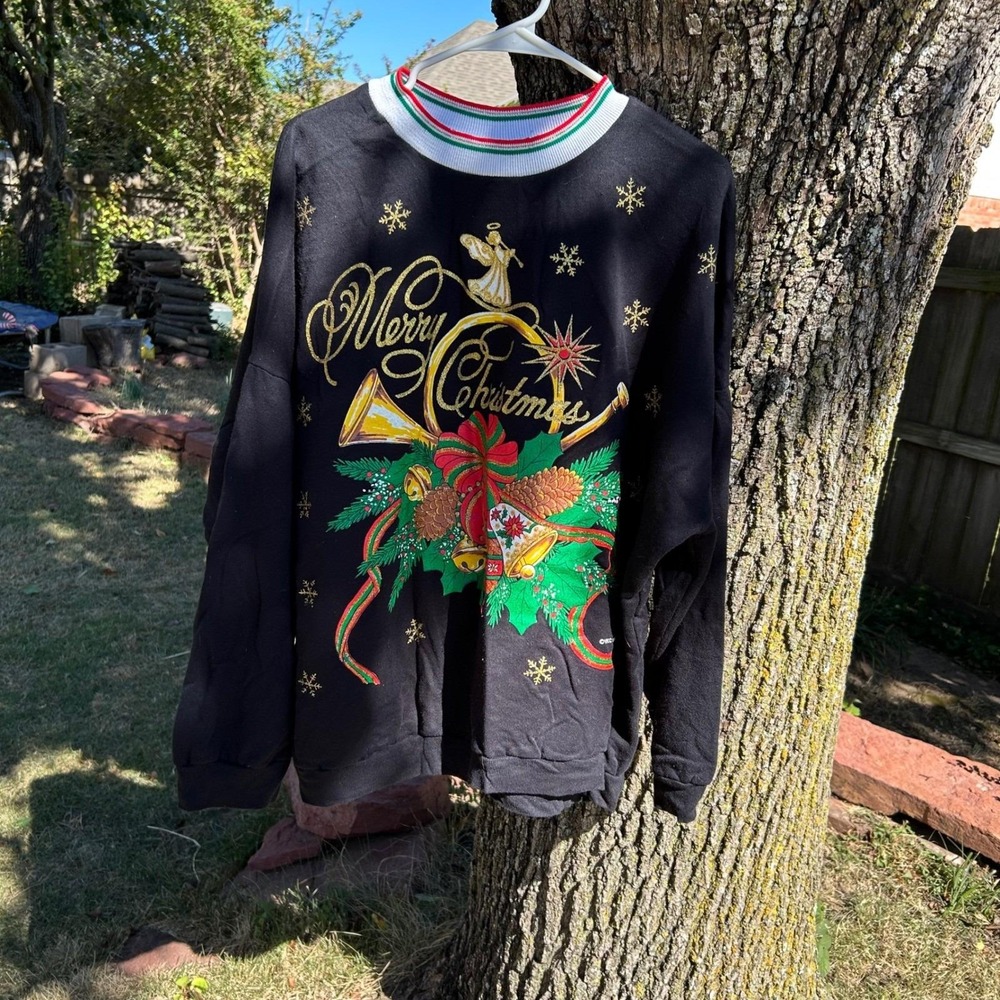VTG 80 Variety Christmas Sweatshirt Angel Trumpet Holiday Party‎ 24W/44